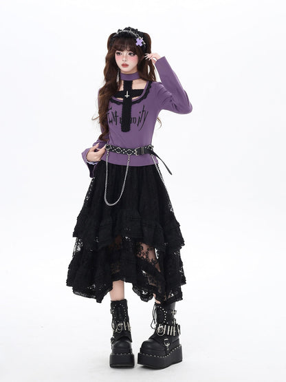 CRAZYGIRL Black Purple Gothic Halter Letter Print Slim Women&
