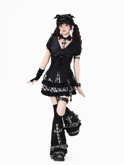 CRAZYGIRL Black White Plaid Puff Sleeve Slim Fit Lapel Women&
