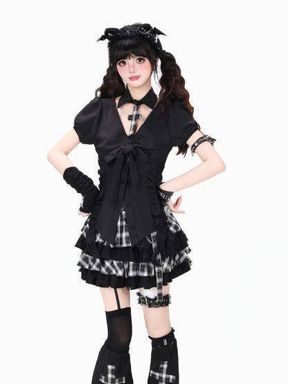 CRAZYGIRL Black White Plaid Puff Sleeve Slim Fit Lapel Women&