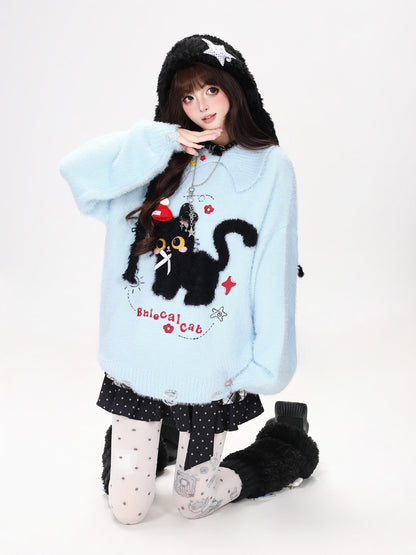 CRAZYGIRL Bow Detail Cat Print Loose Casual Women&