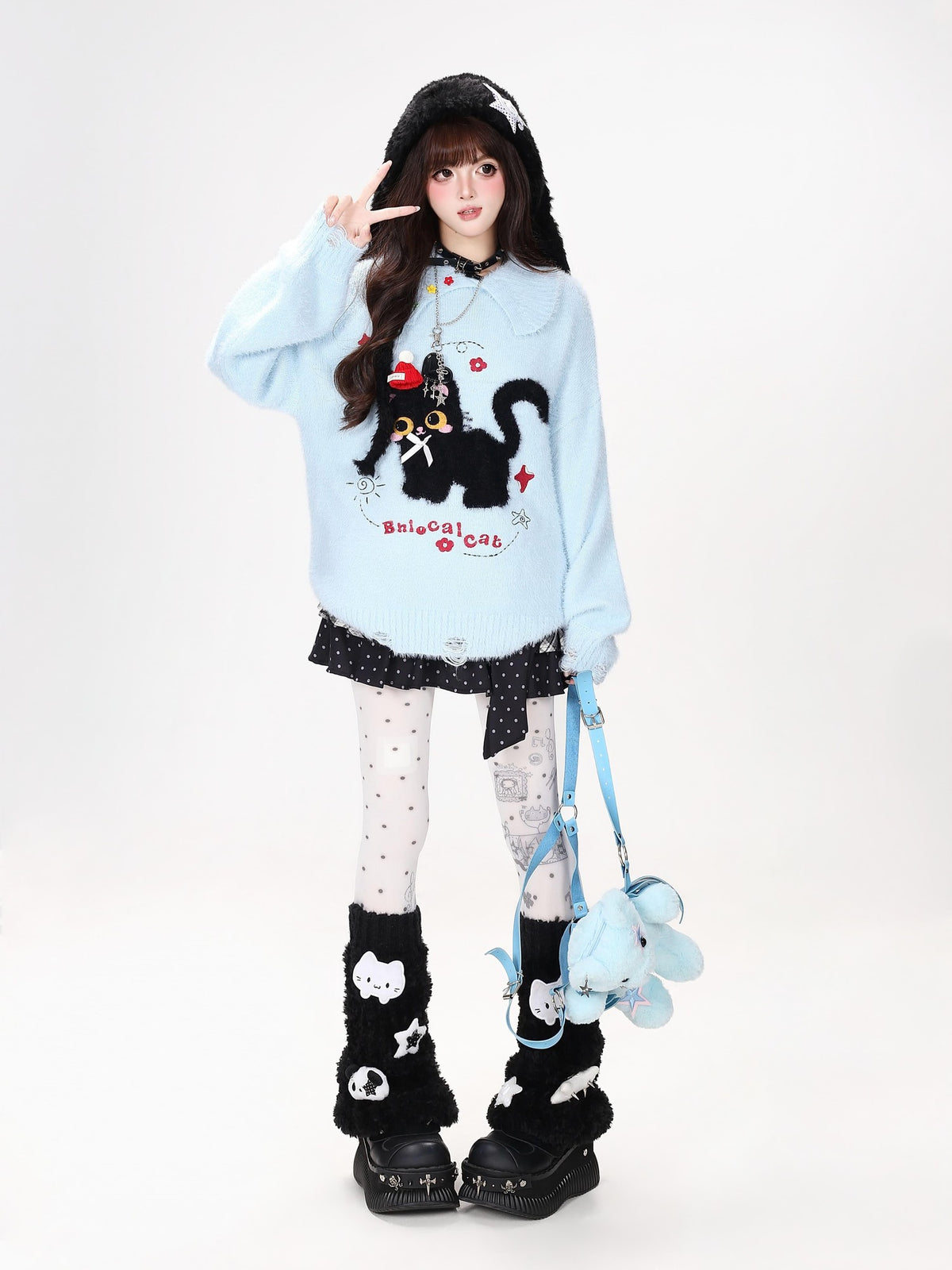 CRAZYGIRL Bow Detail Cat Print Loose Casual Women&
