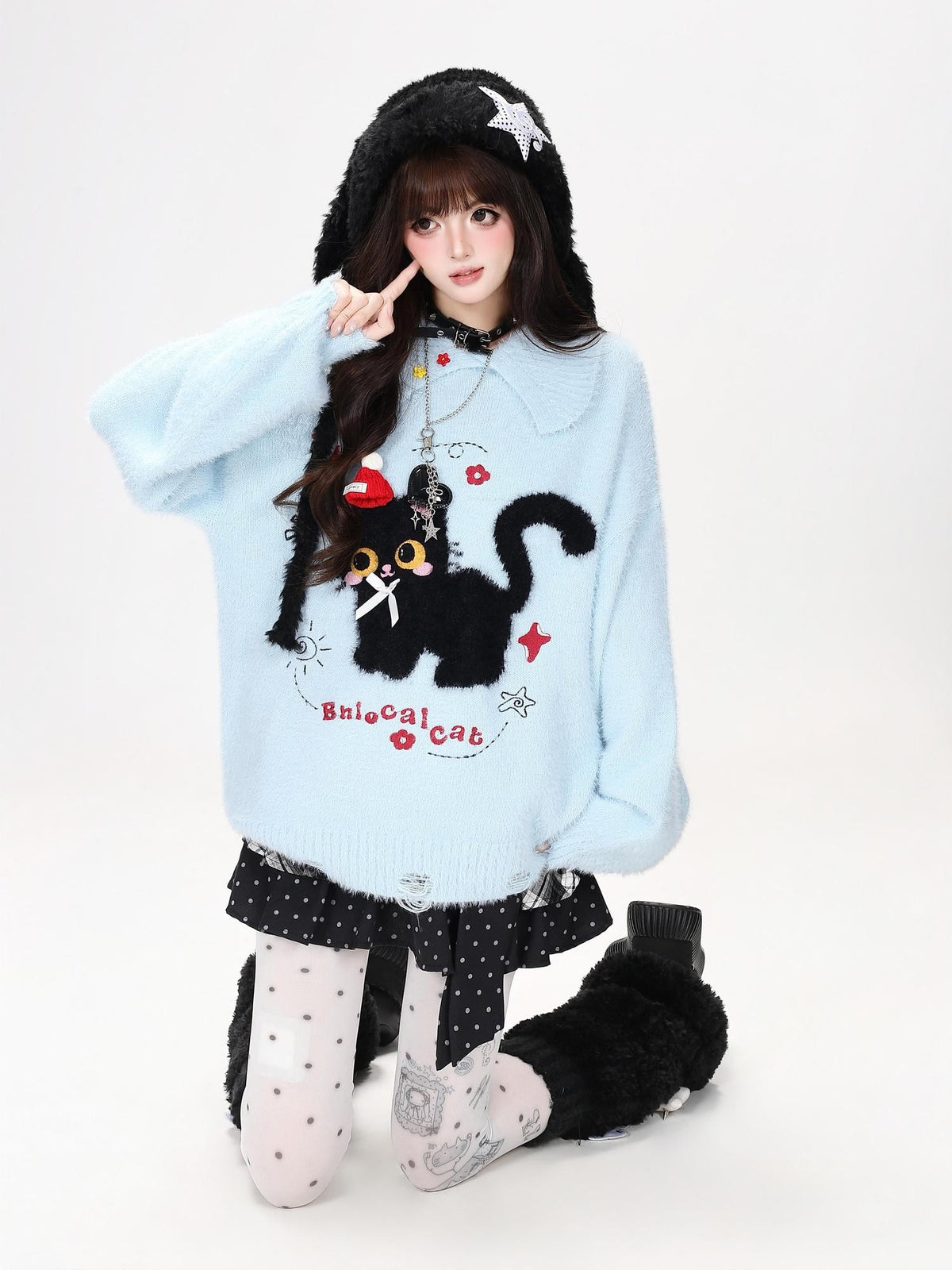 CRAZYGIRL Bow Detail Cat Print Loose Casual Women&