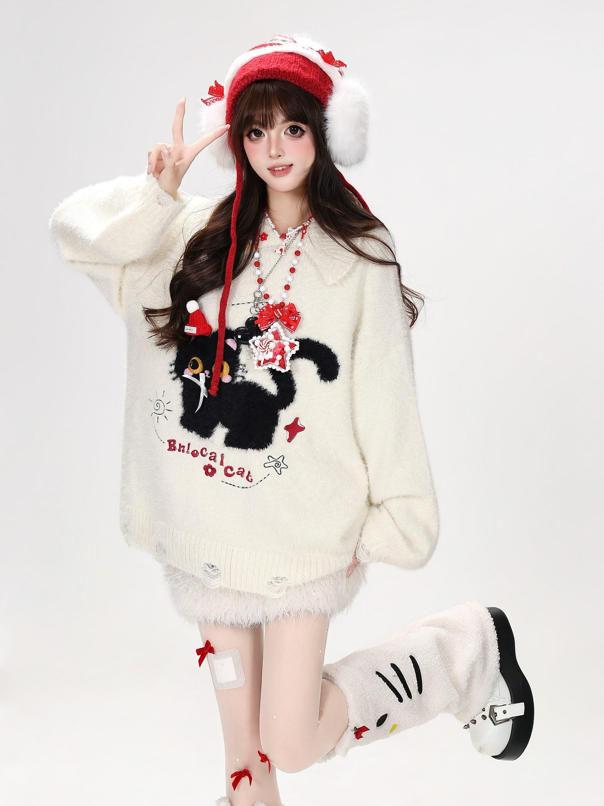 CRAZYGIRL Bow Detail Cat Print Loose Casual Women&