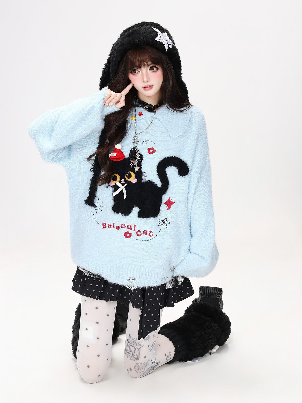 CRAZYGIRL Bow Detail Cat Print Loose Casual Women&
