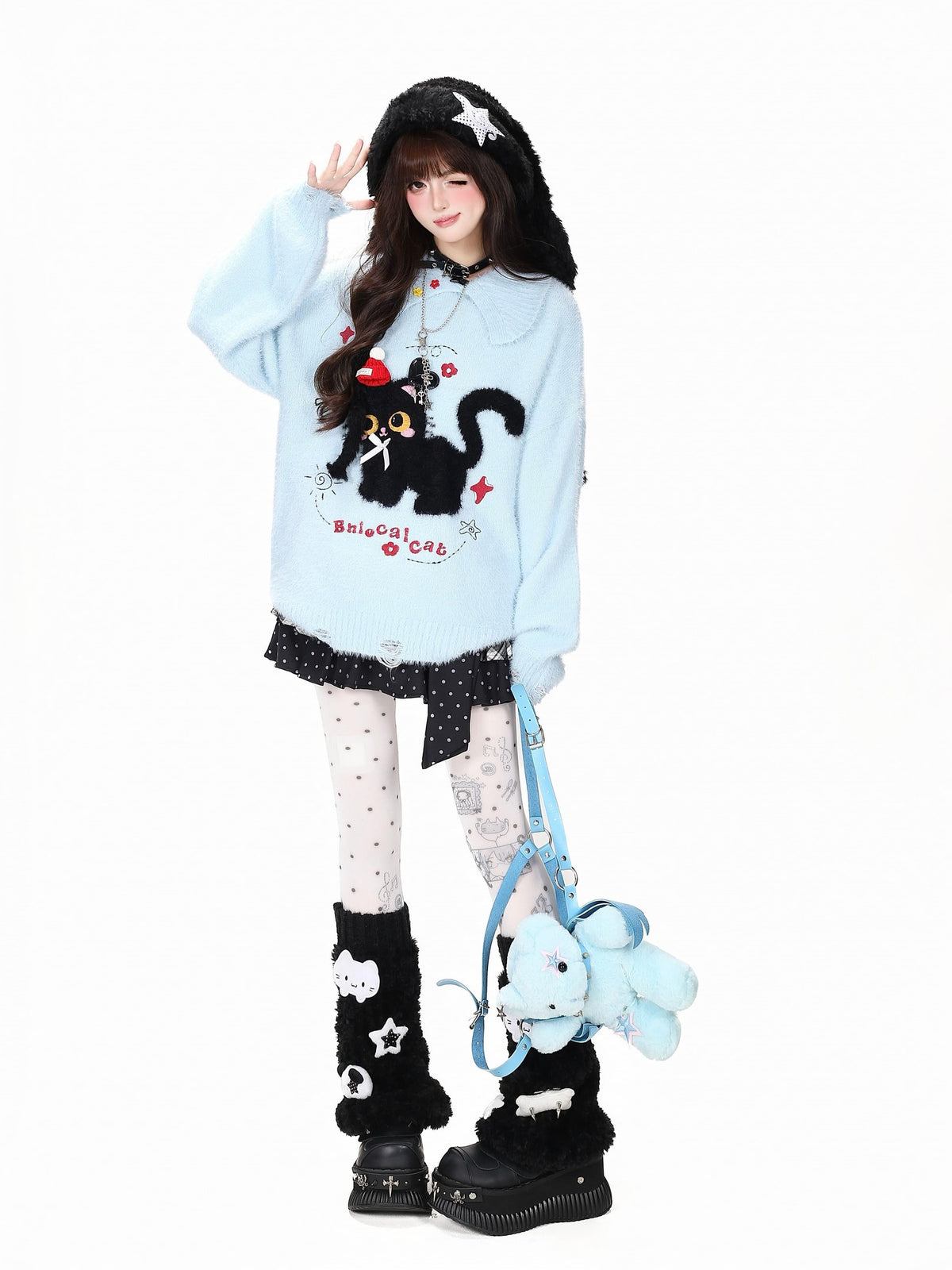 CRAZYGIRL Bow Detail Cat Print Loose Casual Women&