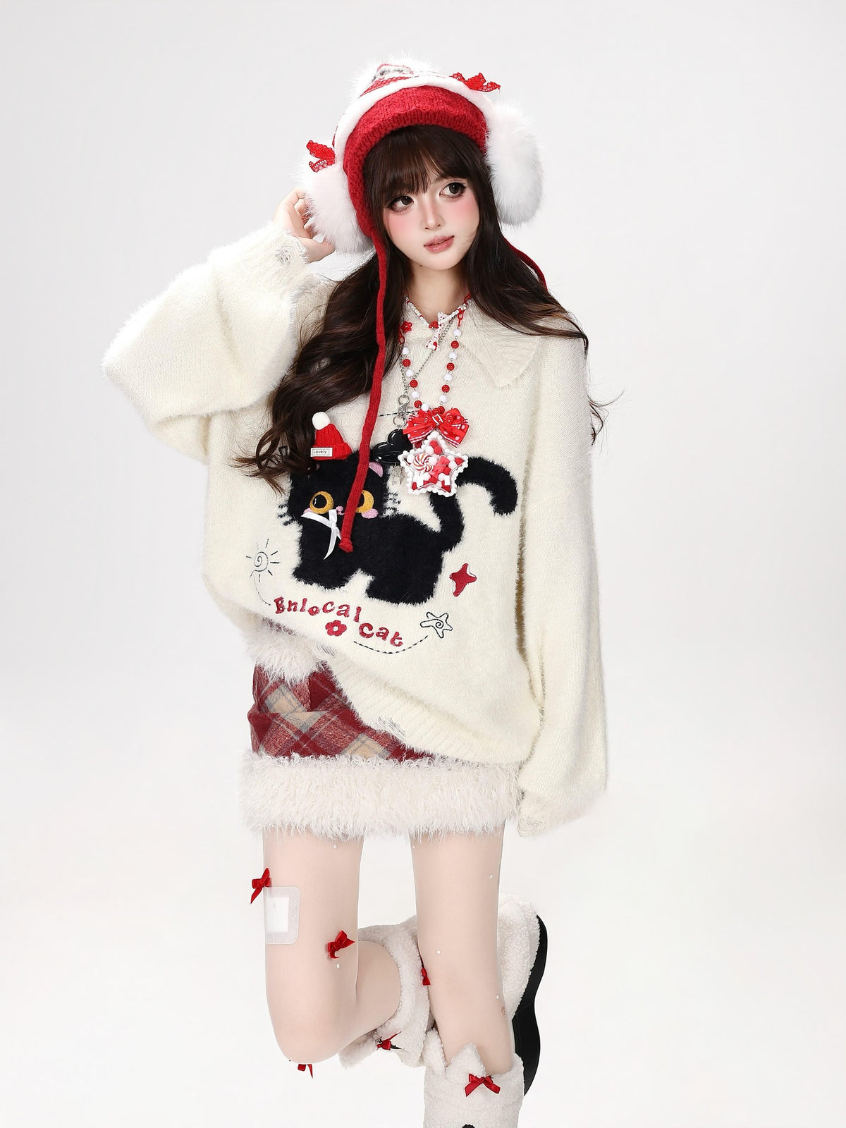 CRAZYGIRL Bow Detail Cat Print Loose Casual Women&