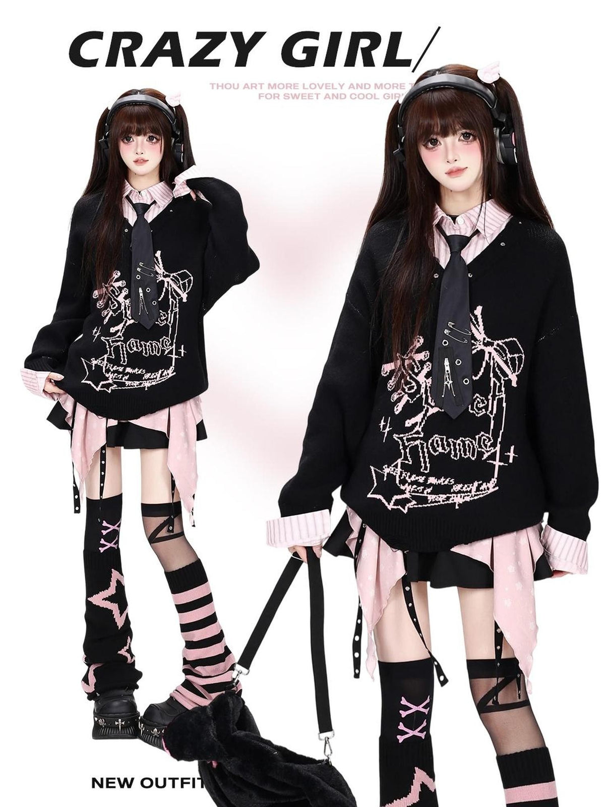 CRAZYGIRL Bow Print Faux Layered V-neck Loose Women&