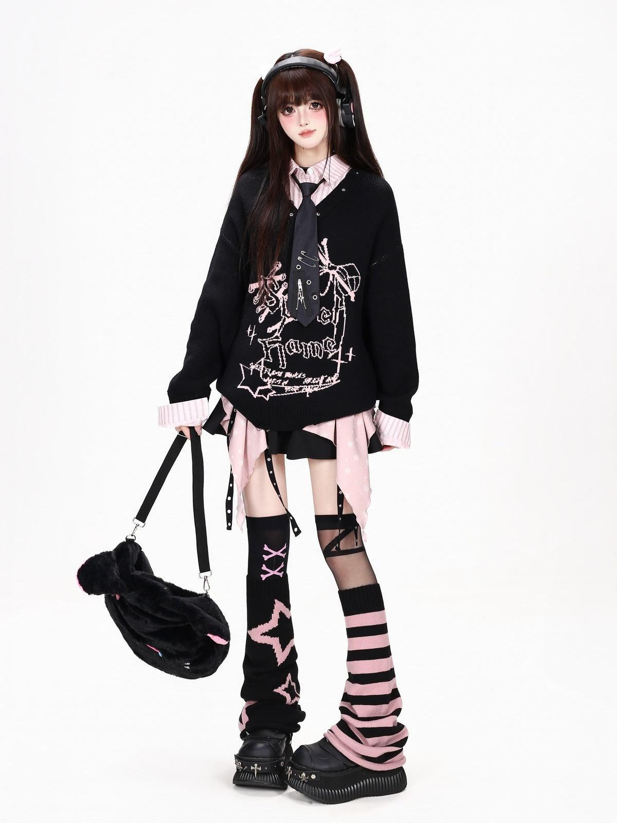 CRAZYGIRL Bow Print Faux Layered V-neck Loose Women&