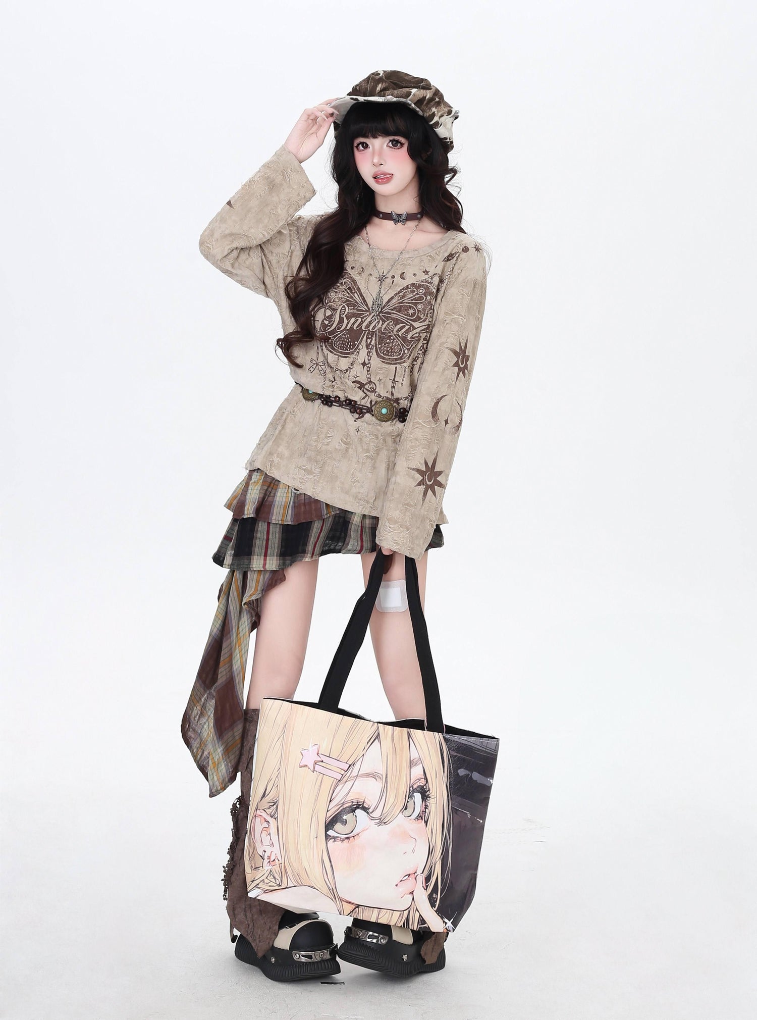 CRAZYGIRL_Brown_Butterfly_Print_Ripped_Asymmetric_Loose_Women&