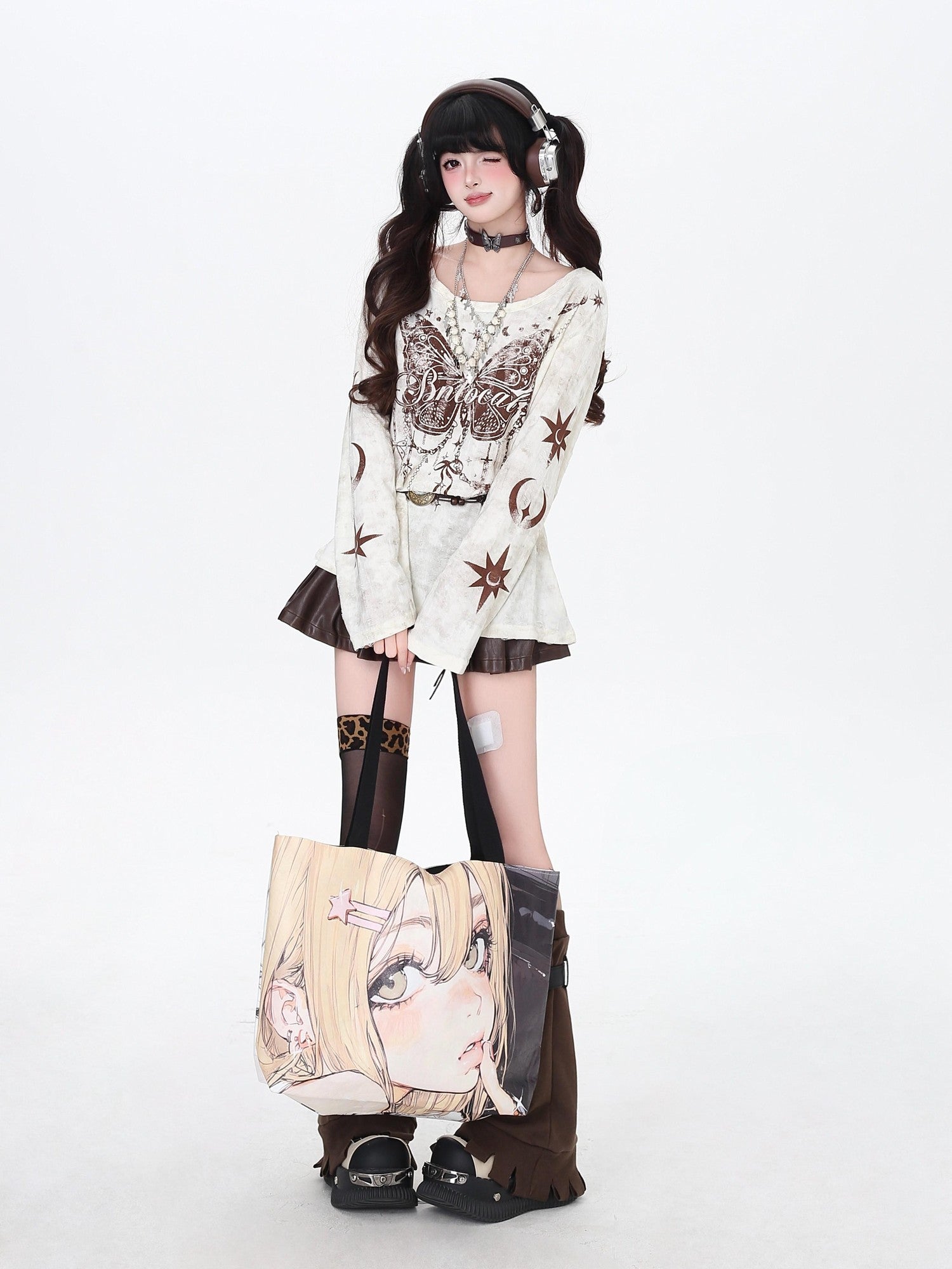 CRAZYGIRL Brown Butterfly Print Ripped Asymmetric Loose Women&