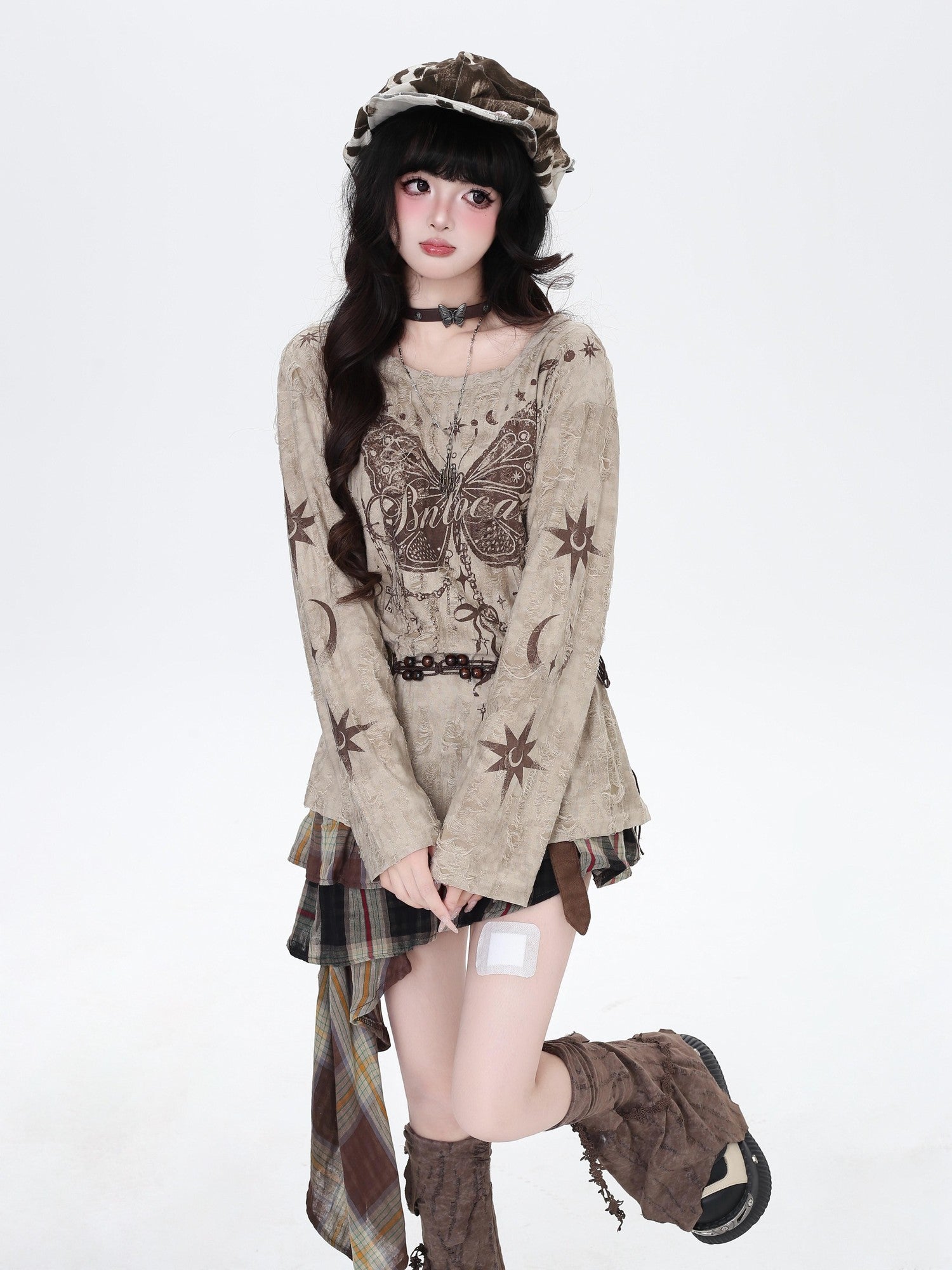 CRAZYGIRL Brown Butterfly Print Ripped Asymmetric Loose Women&