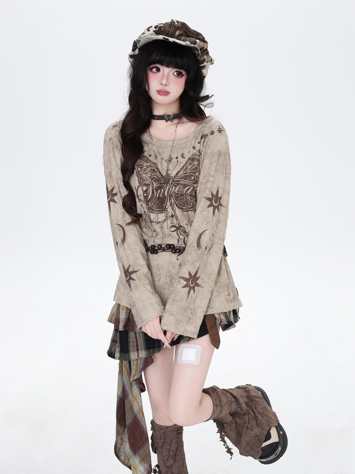 CRAZYGIRL Brown Butterfly Print Ripped Asymmetric Loose Women&