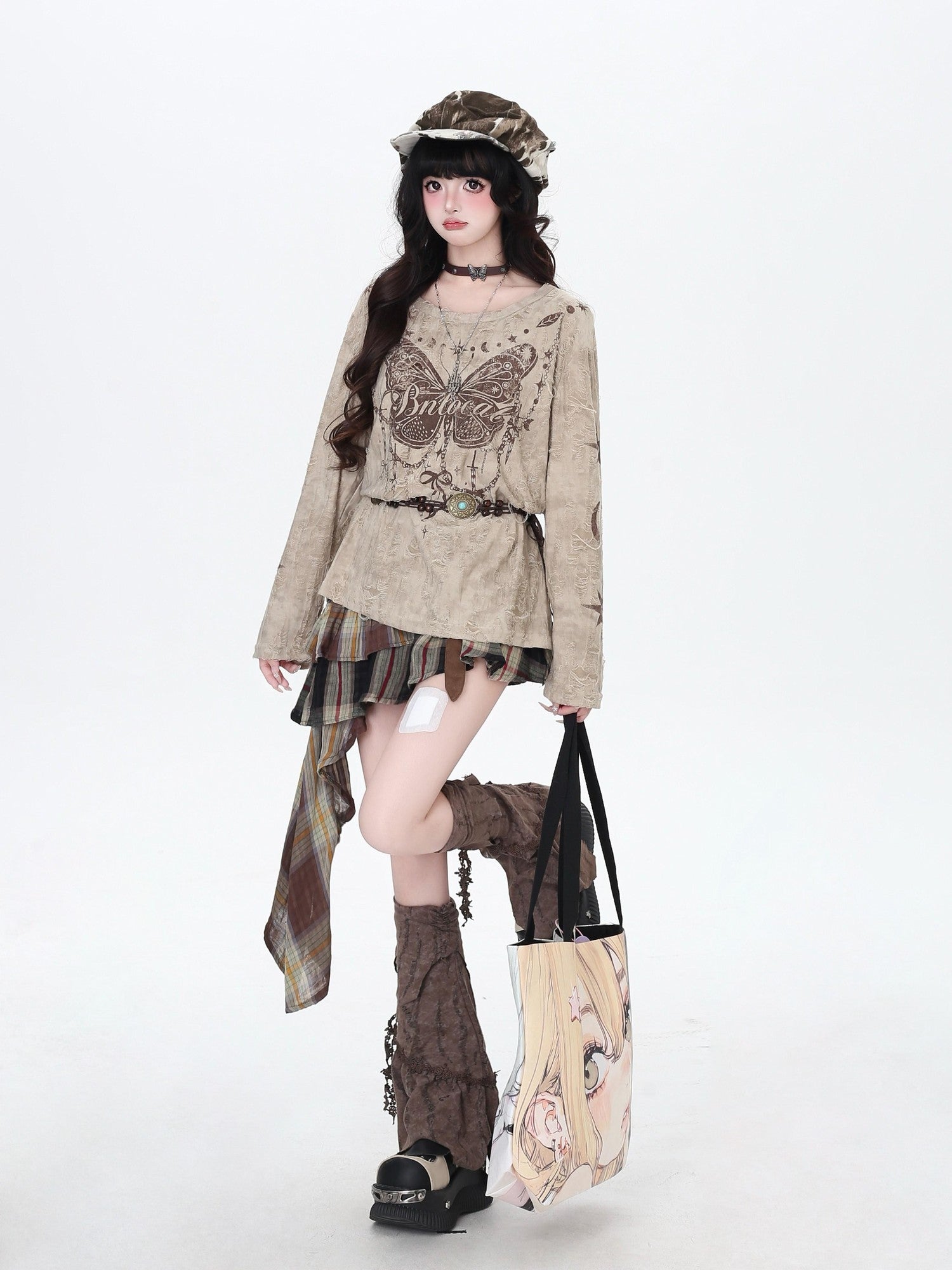 CRAZYGIRL Brown Butterfly Print Ripped Asymmetric Loose Women&