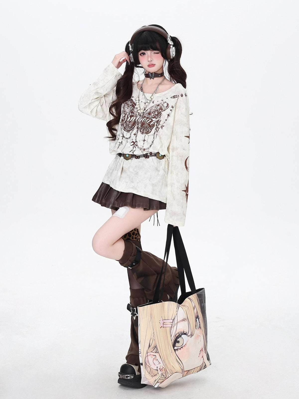 CRAZYGIRL Brown Butterfly Print Ripped Asymmetric Loose Women&