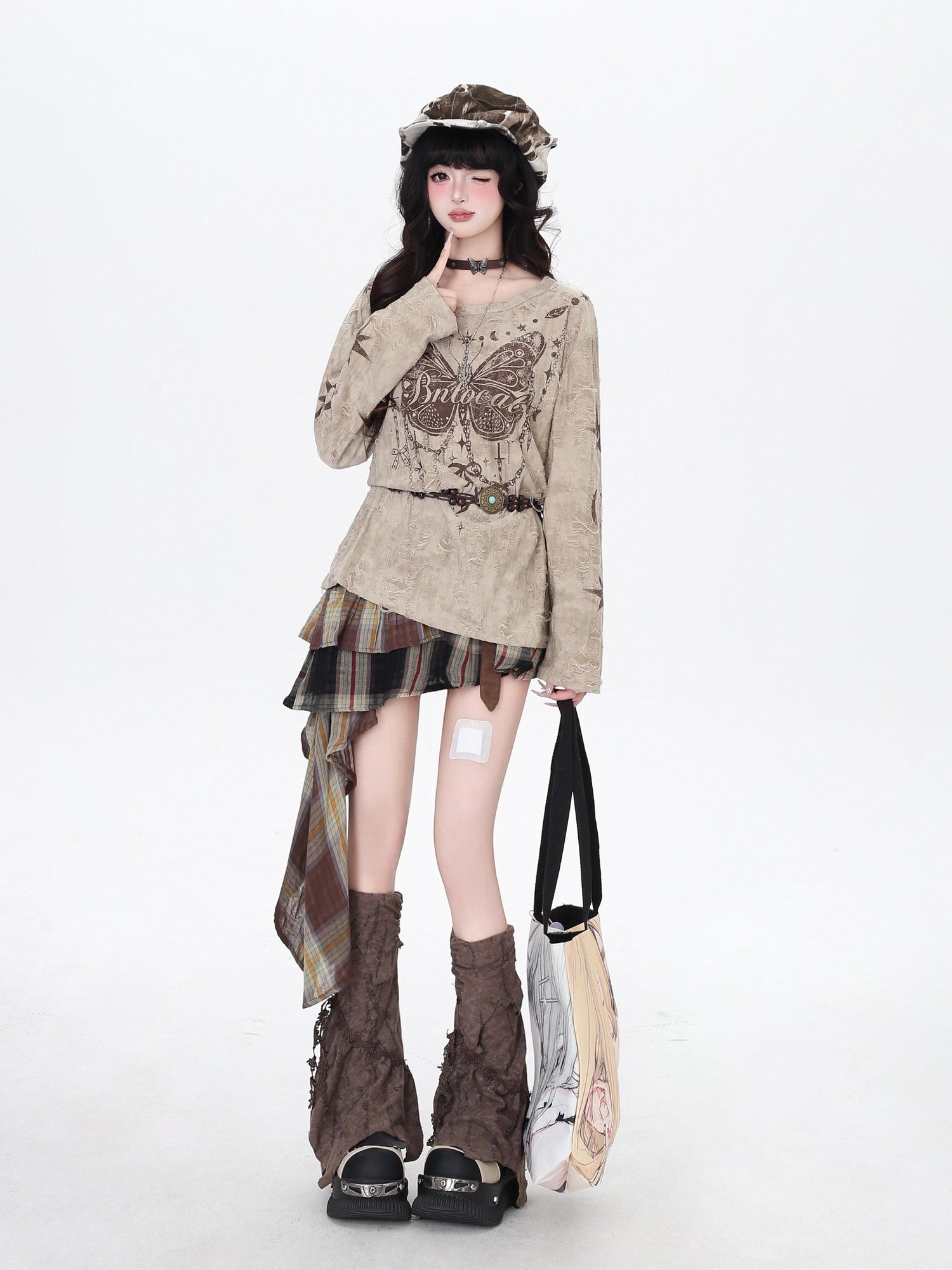 CRAZYGIRL Brown Butterfly Print Ripped Asymmetric Loose Women&