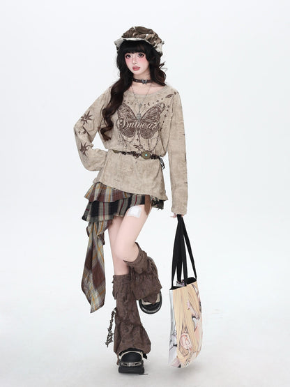 CRAZYGIRL Brown Butterfly Print Ripped Asymmetric Loose Women&