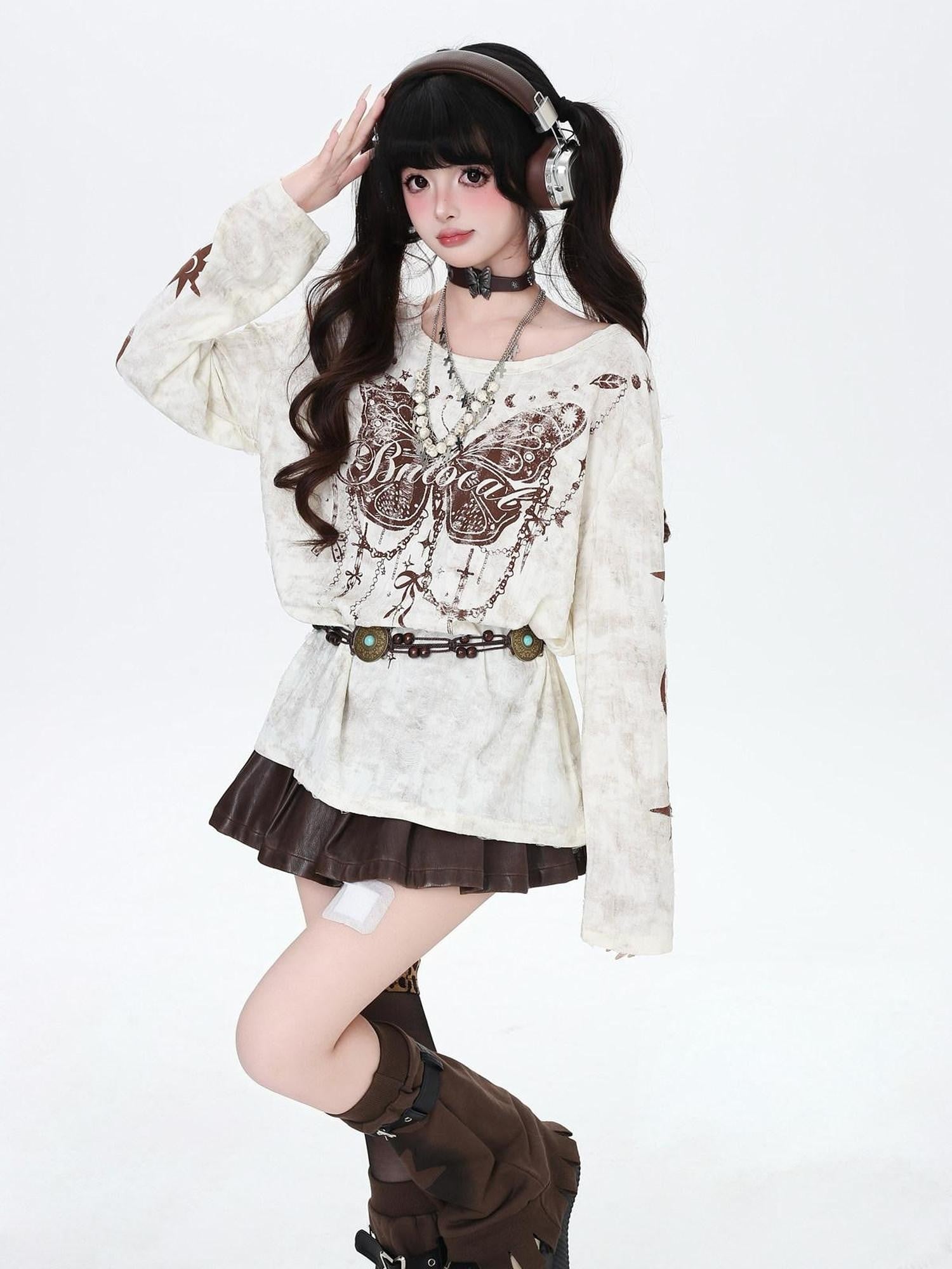 CRAZYGIRL Brown Butterfly Print Ripped Asymmetric Loose Women&
