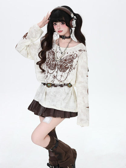 CRAZYGIRL Brown Butterfly Print Ripped Asymmetric Loose Women&