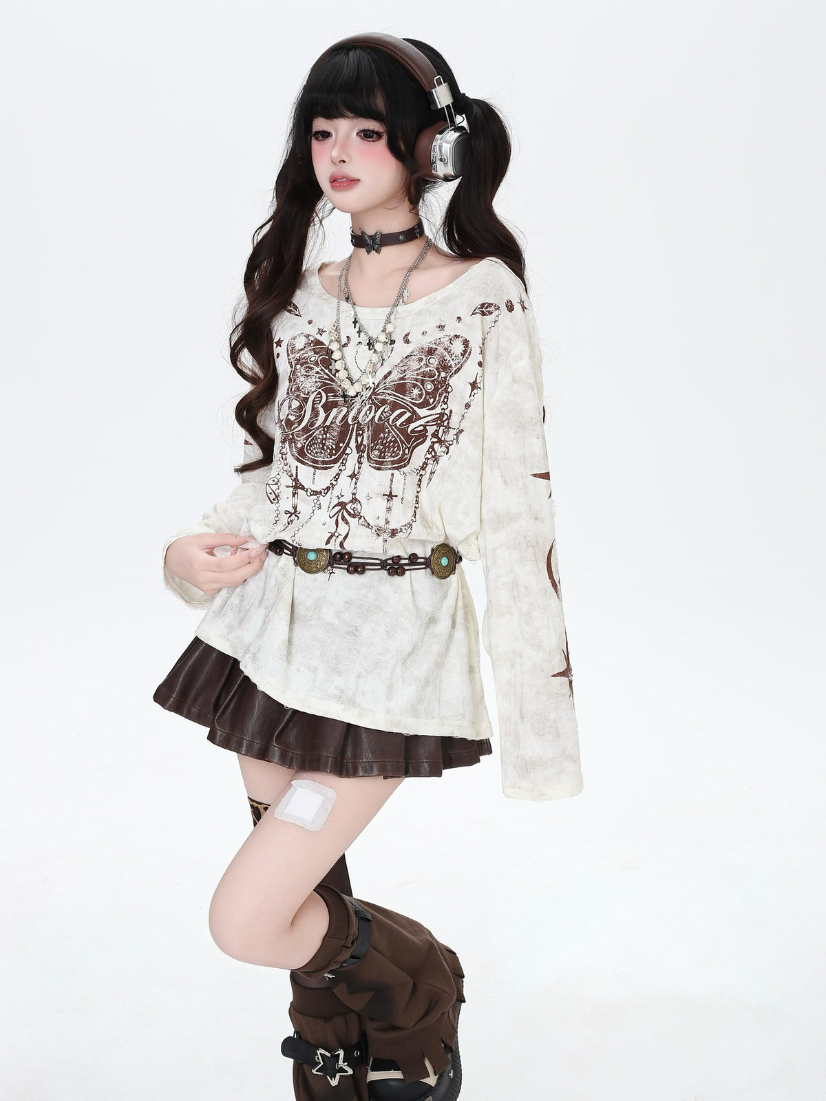 CRAZYGIRL Brown Butterfly Print Ripped Asymmetric Loose Women&