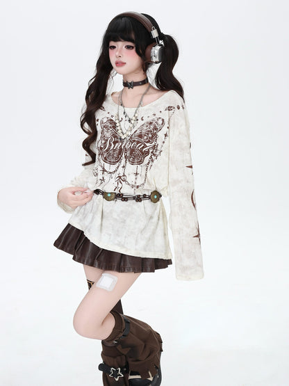 CRAZYGIRL Brown Butterfly Print Ripped Asymmetric Loose Women&