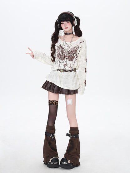 CRAZYGIRL Brown Butterfly Print Ripped Asymmetric Loose Women&