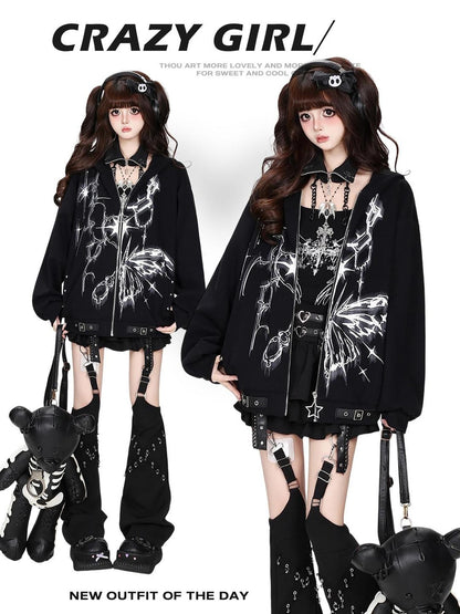 CRAZYGIRL Butterfly Print Hooded Rabbit Ear Loose Fit Women&