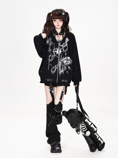CRAZYGIRL Butterfly Print Hooded Rabbit Ear Loose Fit Women&