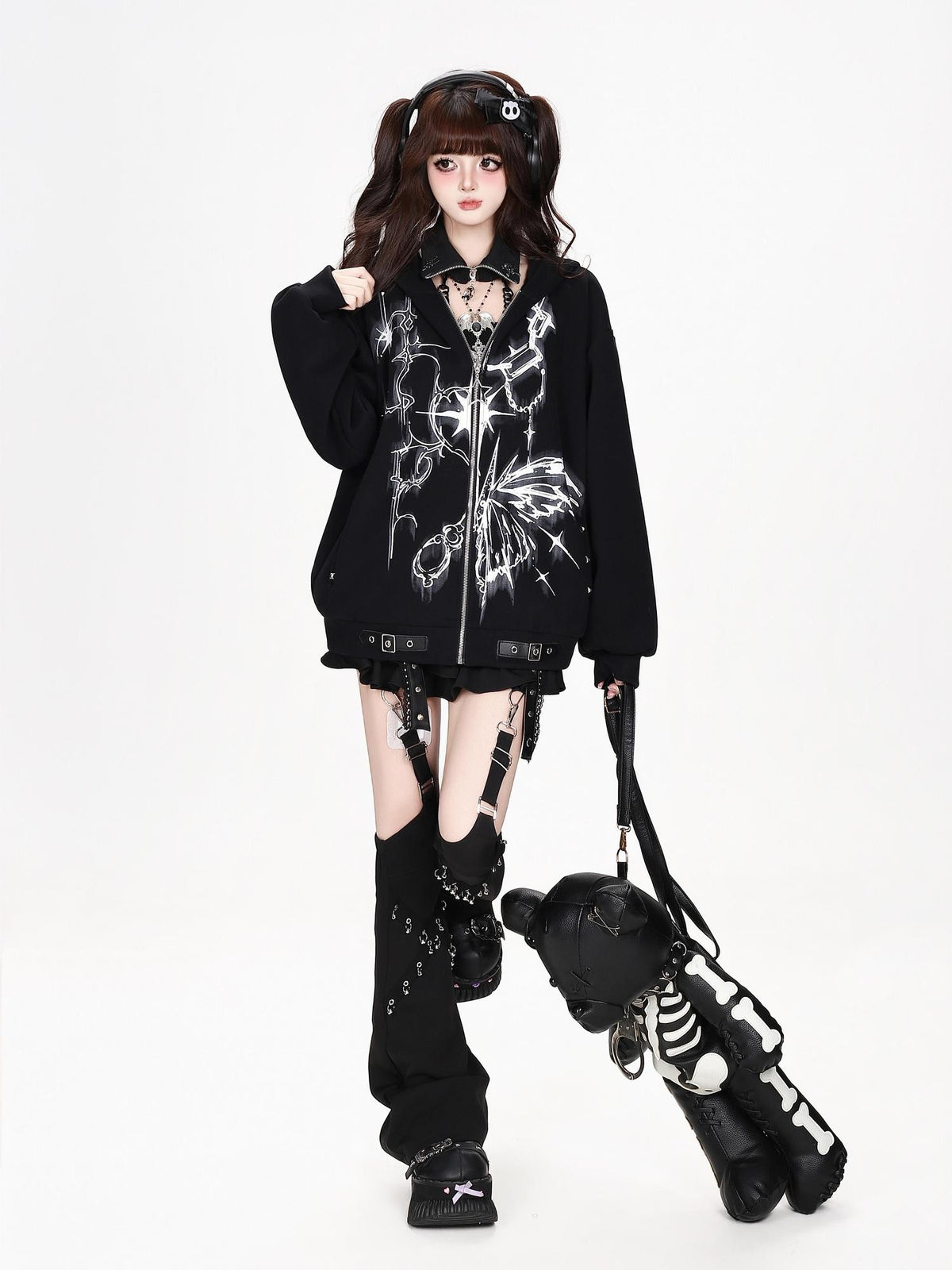 CRAZYGIRL Butterfly Print Hooded Rabbit Ear Loose Fit Women&