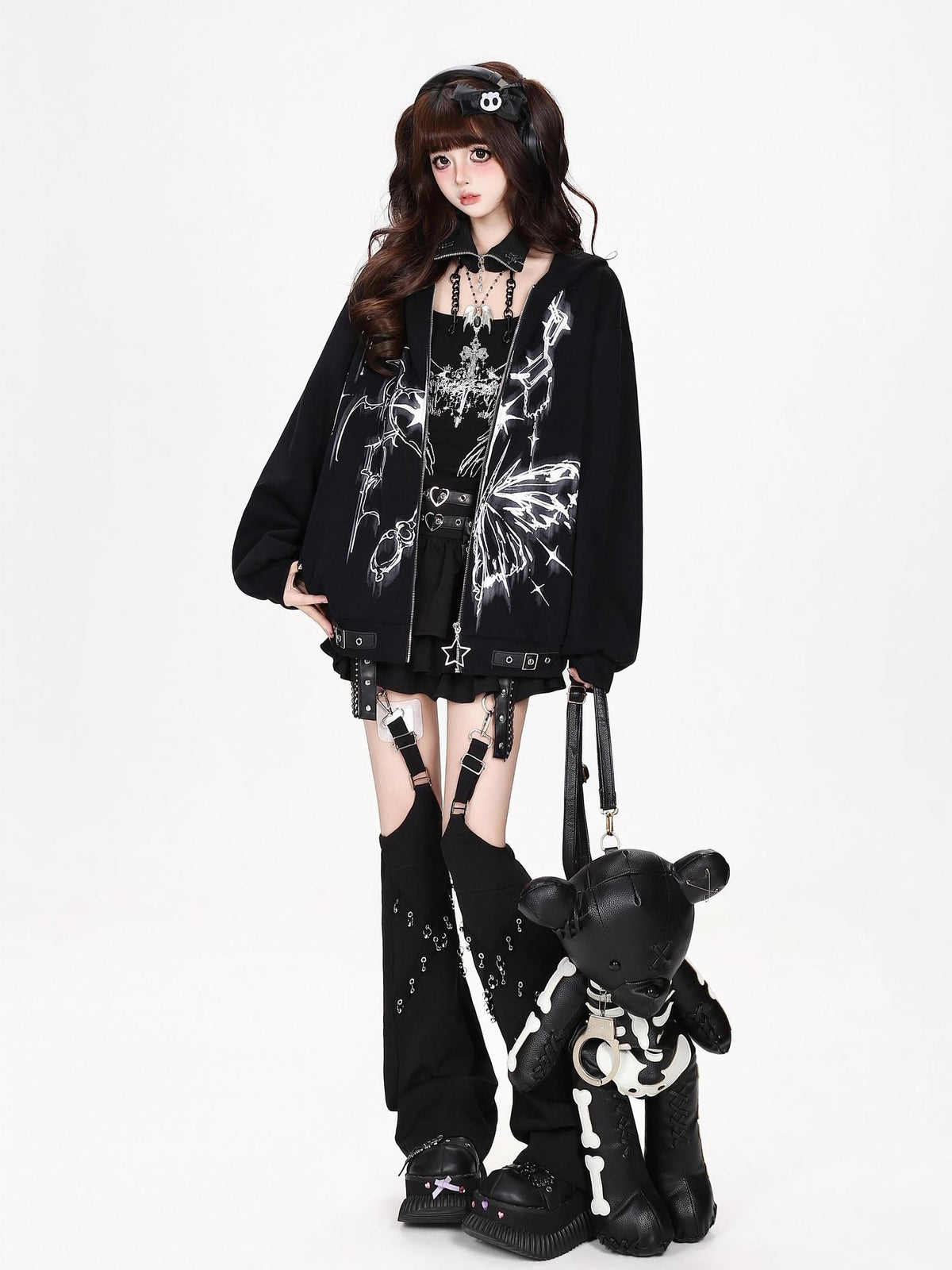 CRAZYGIRL Butterfly Print Hooded Rabbit Ear Loose Fit Women&