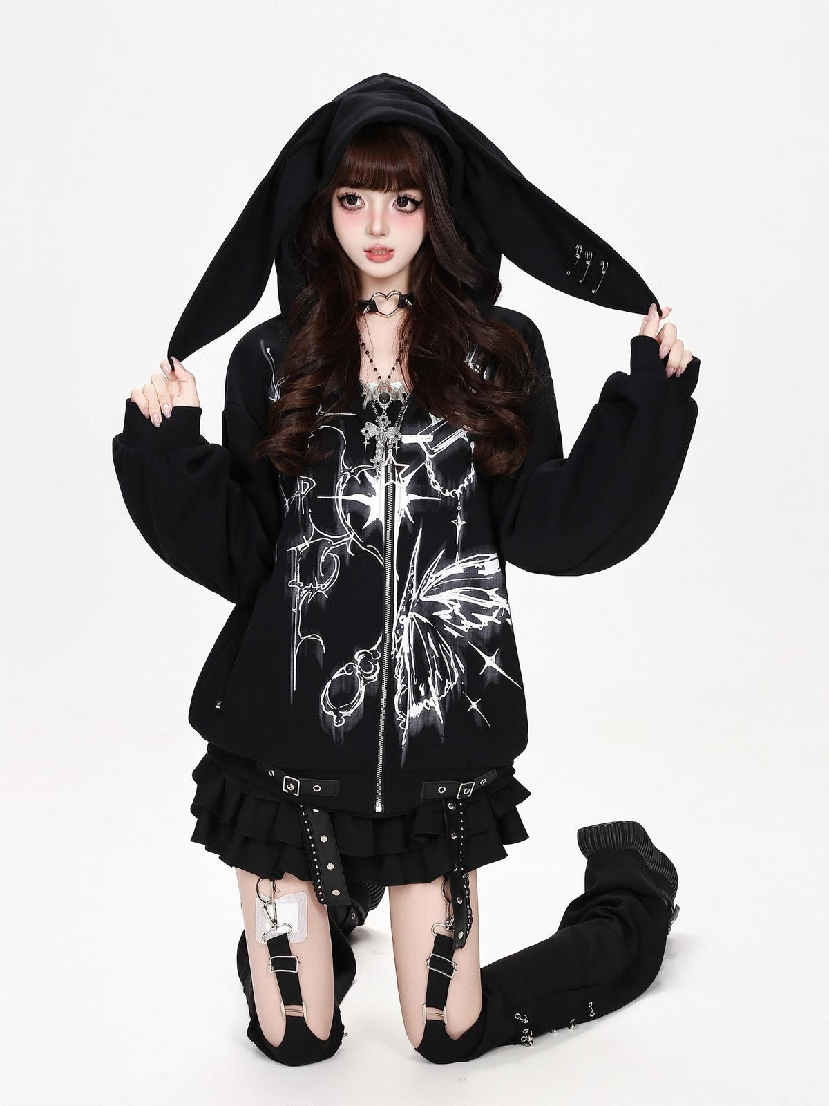 CRAZYGIRL Butterfly Print Hooded Rabbit Ear Loose Fit Women&