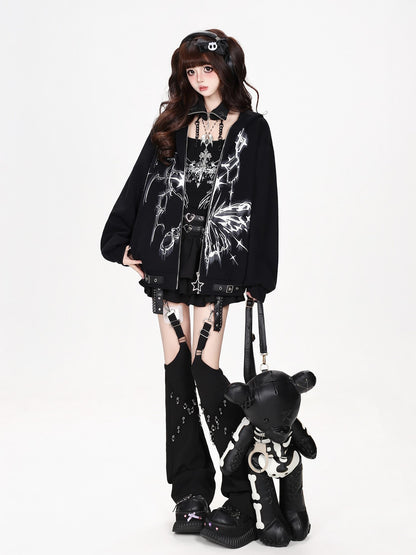 CRAZYGIRL Butterfly Print Hooded Rabbit Ear Loose Fit Women&