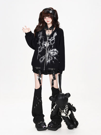 CRAZYGIRL Butterfly Print Hooded Rabbit Ear Loose Fit Women&