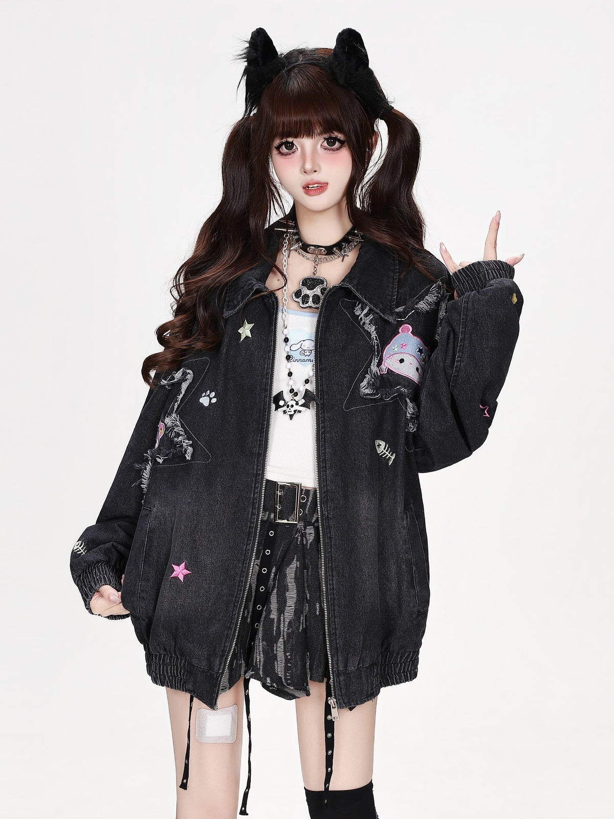 CRAZYGIRL Cartoon Cat Patch Sweet Cool Y2k Collared Loose Fit Women&