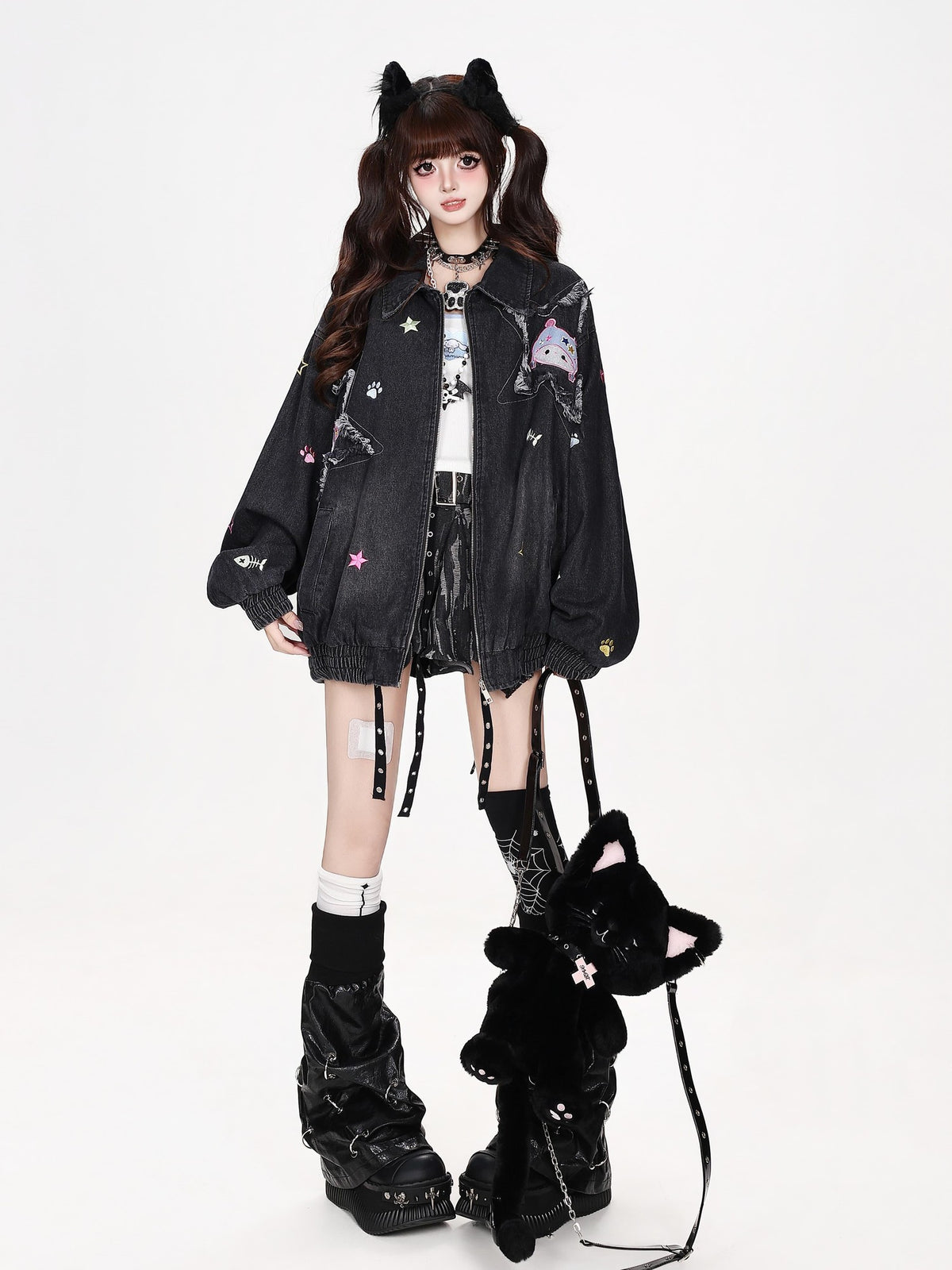 CRAZYGIRL Cartoon Cat Patch Sweet Cool Y2k Collared Loose Fit Women&
