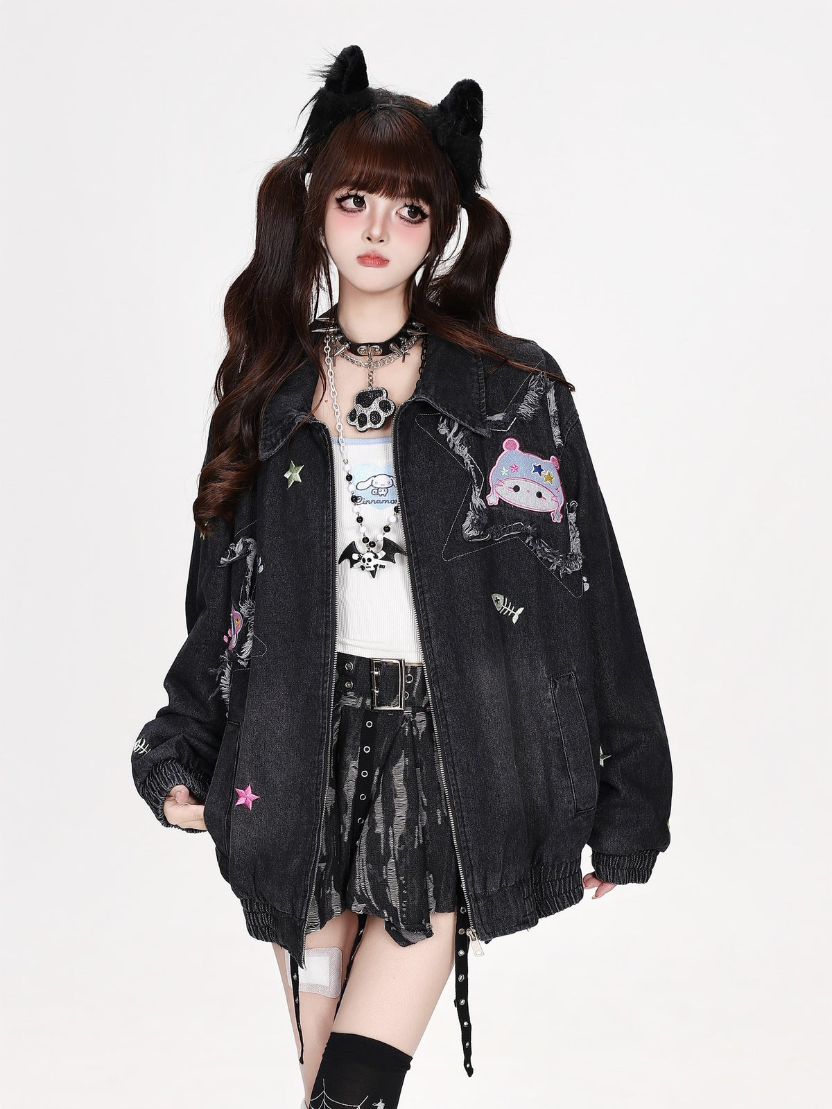 CRAZYGIRL Cartoon Cat Patch Sweet Cool Y2k Collared Loose Fit Women&