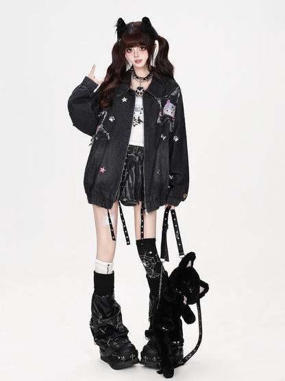 CRAZYGIRL Cartoon Cat Patch Sweet Cool Y2k Collared Loose Fit Women&