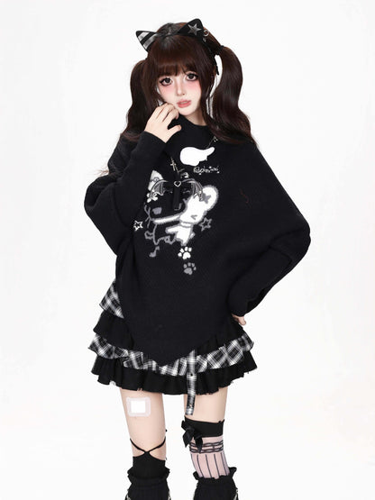 CRAZYGIRL_Cartoon_Mouse_High_Neck_Loose_Knit_Pullover_Women&