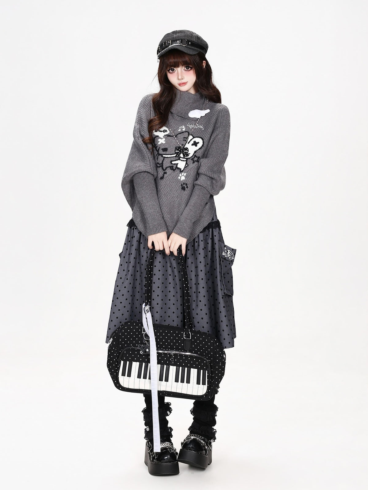 CRAZYGIRL Cartoon Mouse High Neck Loose Knit Pullover Women&