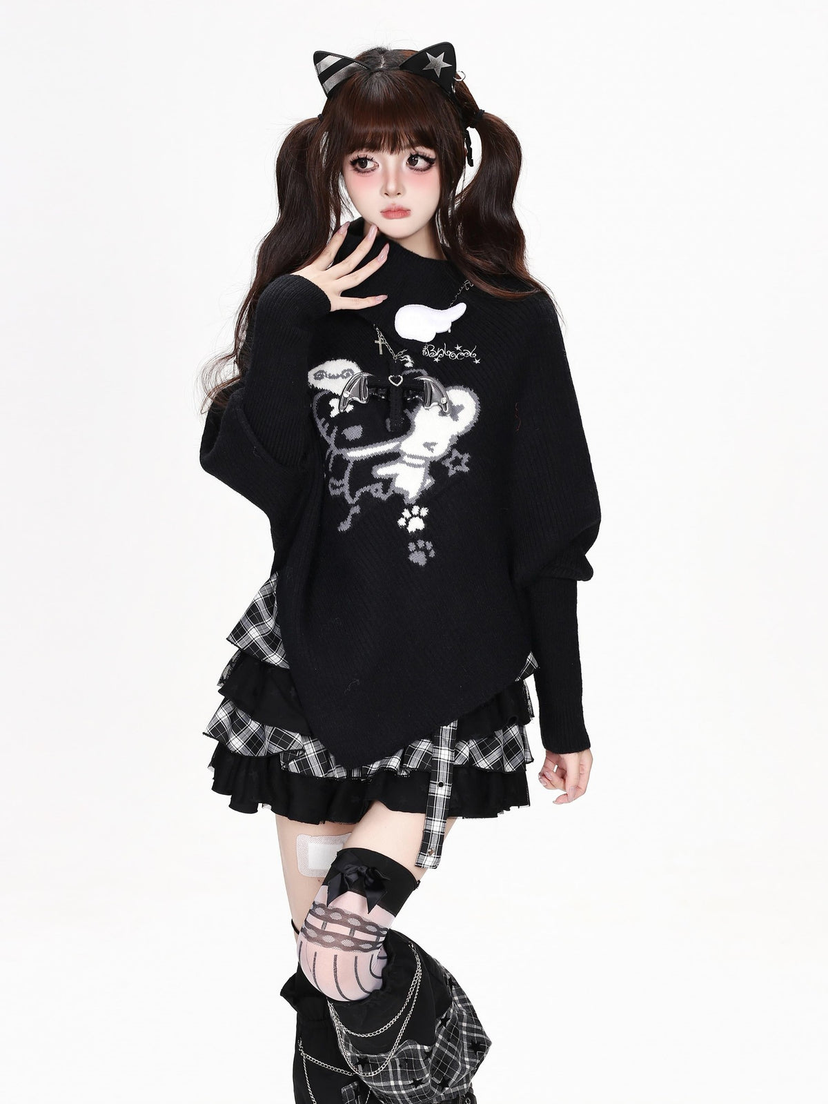 CRAZYGIRL Cartoon Mouse High Neck Loose Knit Pullover Women&