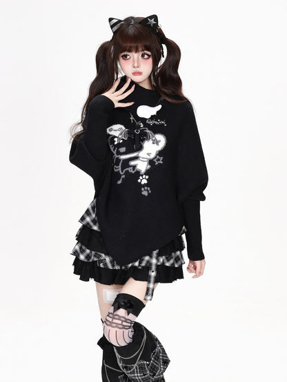 CRAZYGIRL Cartoon Mouse High Neck Loose Knit Pullover Women&