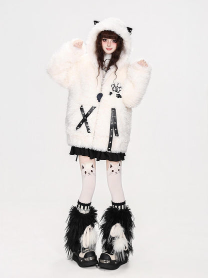 CRAZYGIRL Cat Ear Cross Strap Hooded Thick Fleece Women&