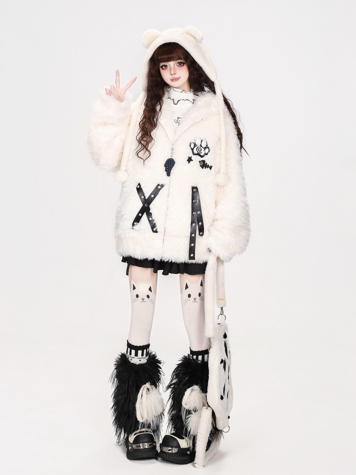 CRAZYGIRL Cat Ear Cross Strap Hooded Thick Fleece Women&