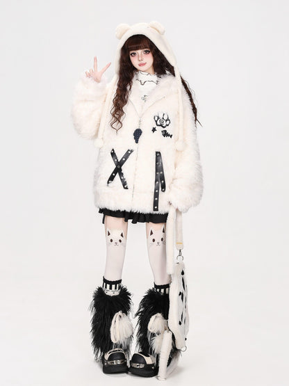CRAZYGIRL Cat Ear Cross Strap Hooded Thick Fleece Women&