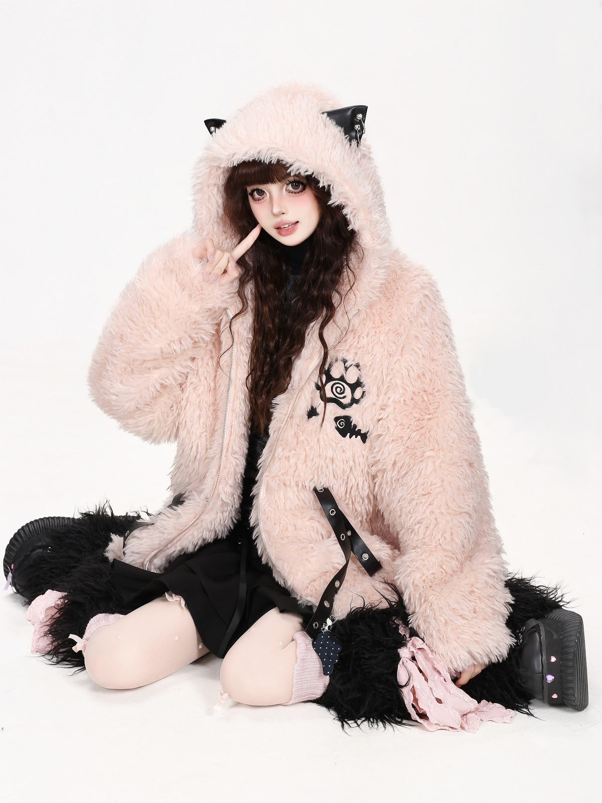 CRAZYGIRL Cat Ear Cross Strap Hooded Thick Fleece Women&