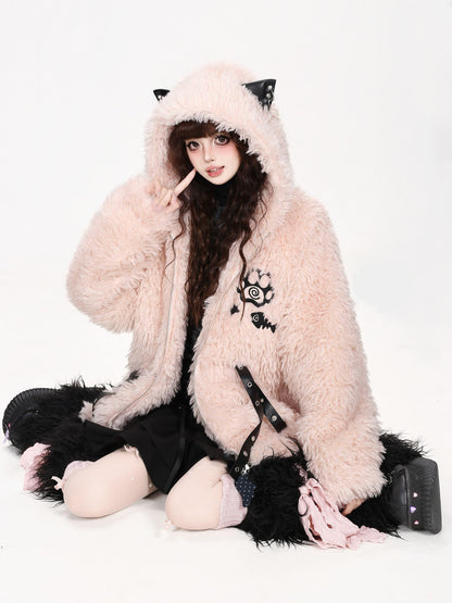 CRAZYGIRL Cat Ear Cross Strap Hooded Thick Fleece Women&
