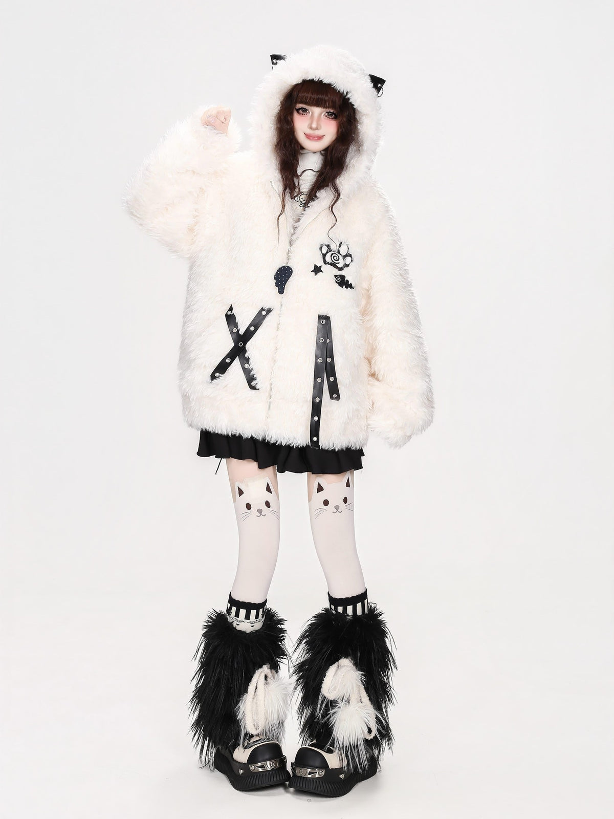 CRAZYGIRL Cat Ear Cross Strap Hooded Thick Fleece Women&