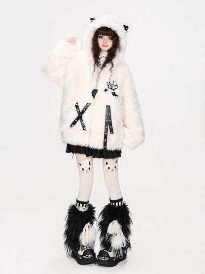 CRAZYGIRL Cat Ear Cross Strap Hooded Thick Fleece Women&