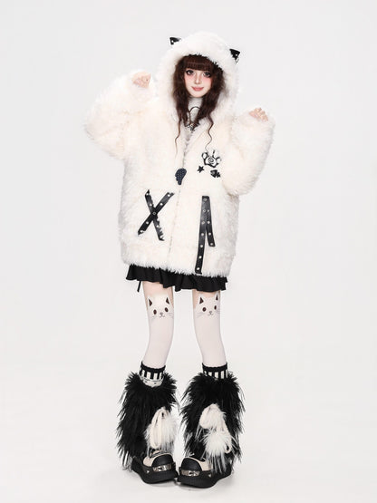 CRAZYGIRL Cat Ear Cross Strap Hooded Thick Fleece Women&