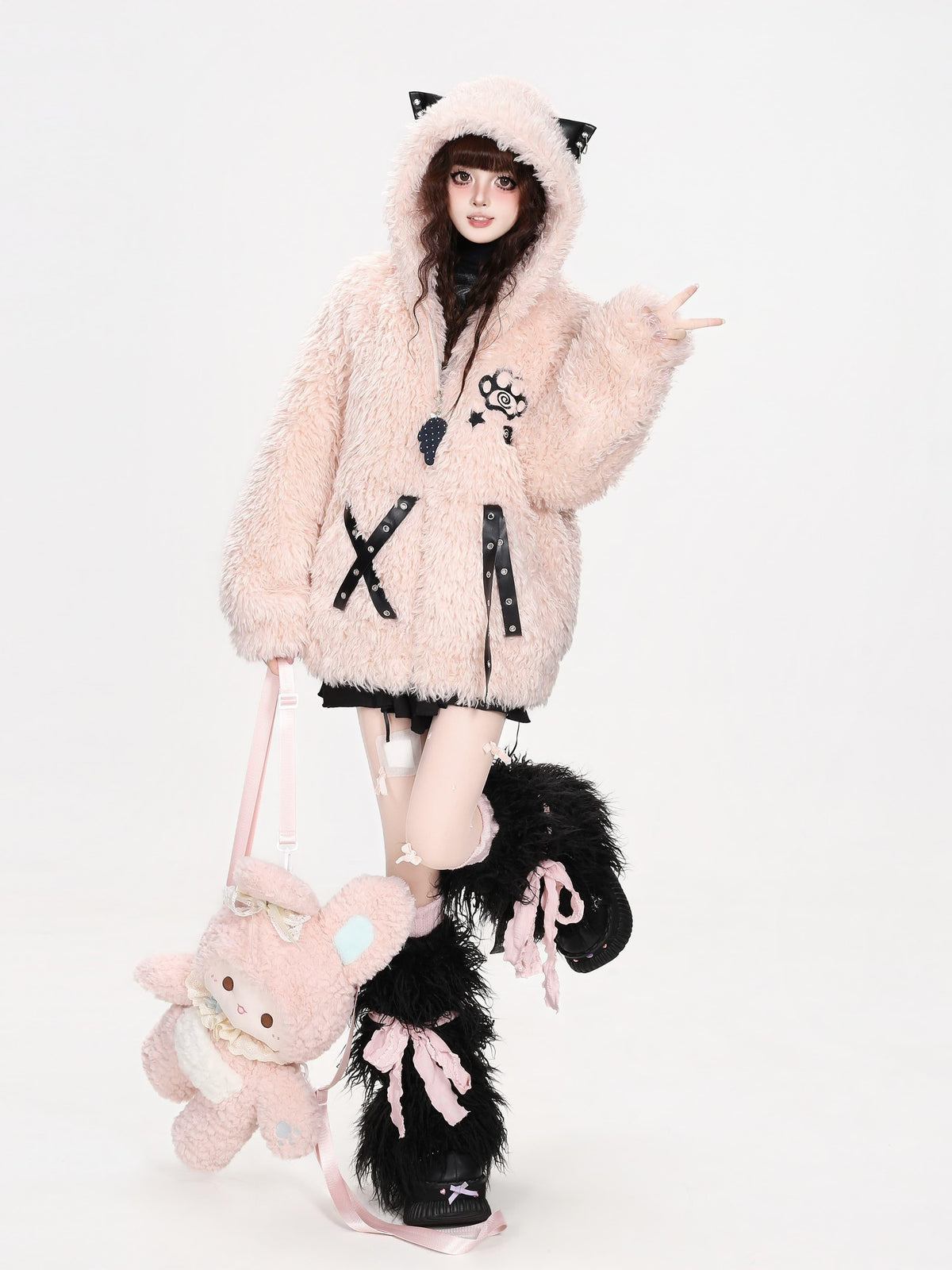 CRAZYGIRL Cat Ear Cross Strap Hooded Thick Fleece Women&