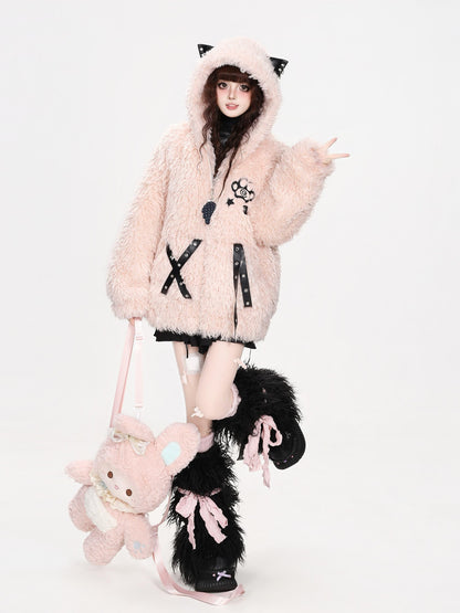 CRAZYGIRL Cat Ear Cross Strap Hooded Thick Fleece Women&